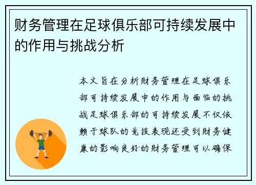财务管理在足球俱乐部可持续发展中的作用与挑战分析